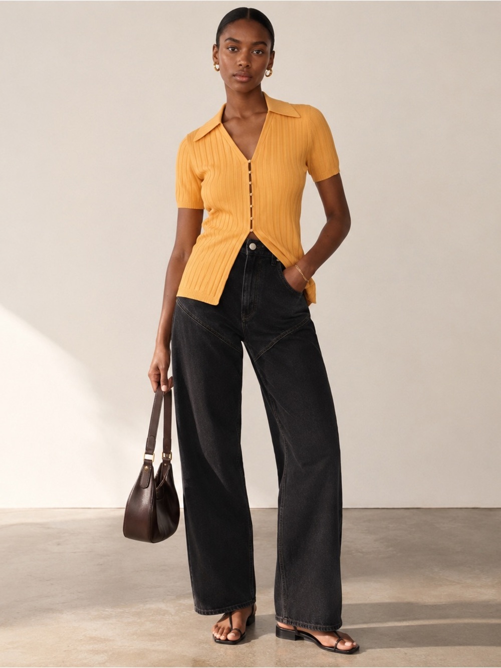 Sandro Porto Knit Polo Top Clementine Pearl‎ Button Textured Sweater FR 2 US 6
